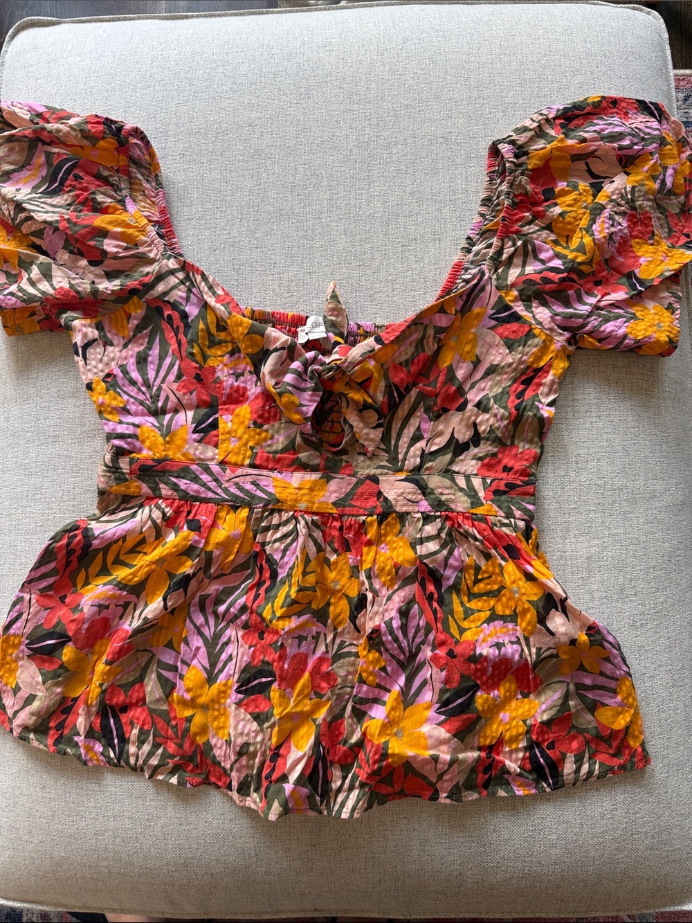 LOFT Floral Tie-Front Puff Sleeve Top in Pink, Yellow & Red